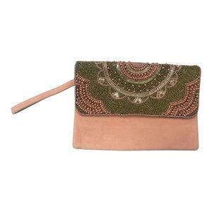 Beaded Pink and Green Clutch NWT Made in India